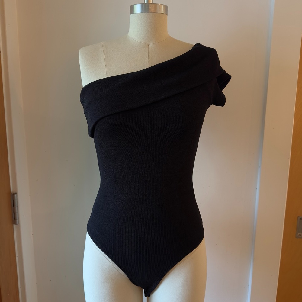AGOLDE‎ Women's Bree Banded One Shoulder Ribbed Thong Bodysuit-Black-Size Small